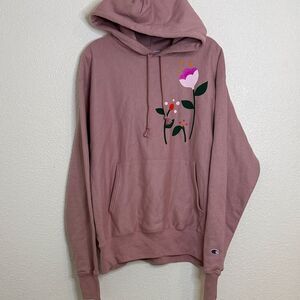 Champion Mauve Hoodie with Floral Print “onward and upward- Size large